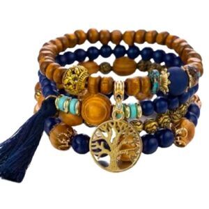 4 Boho Wood Bead Stretch Tree of Life Charm Tassel Bracelet Set Teen Girl NEW
